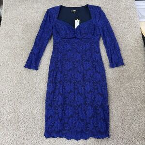 ABS Dress Womens M Blue Floral 3/4 Sleeve Sweetheart Lace Sheath Knee Length
